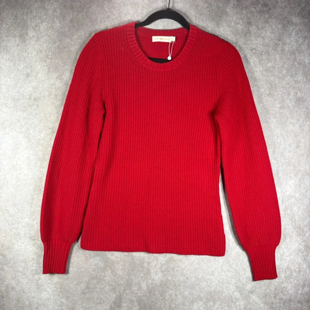 Tory Burch Sweater Womens S Red Kennedy Wool Cashmere Ribbed Knit Holiday NEW